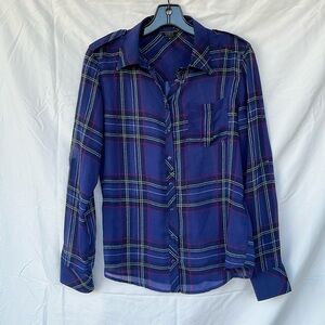 GUESS navy plaid sheer button up blouse size small
